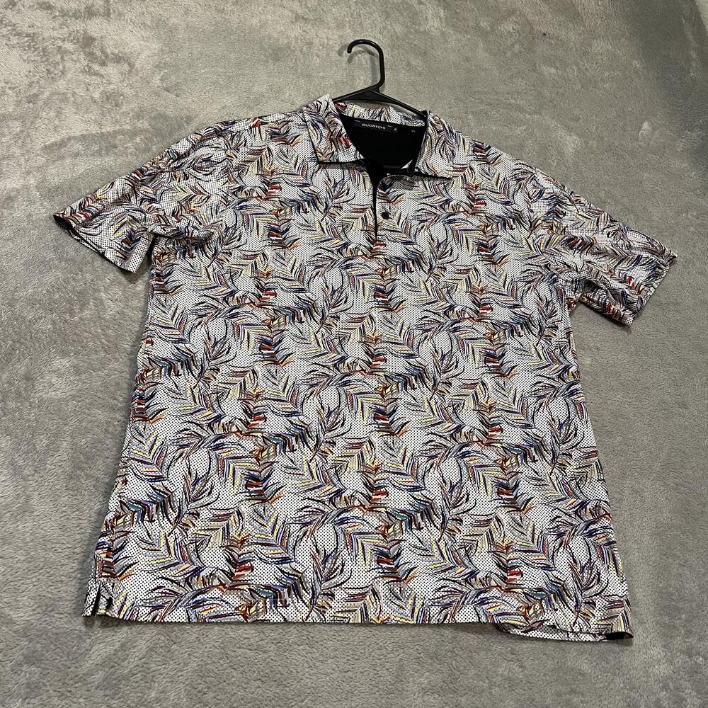 Bugatchi Polo Shirt Mens XL White Multi Leaf Print Mercerized Cotton Stretch